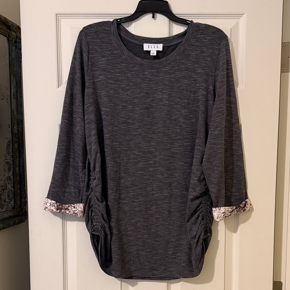 Elle Women's Charcoal 3/4 Sleeve Top with Pink Floral Cuffs